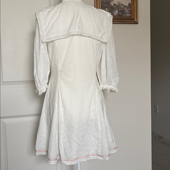 For Love & Lemons 🎀 Mi Amore White Eyelet Mini Dress Pink Trim bow embroidered - Picture 7 of 7